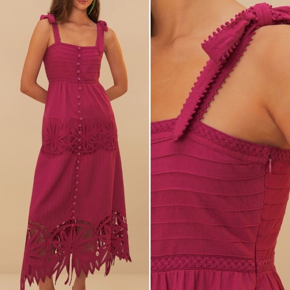 Farm Rio Daisy Cutwork Embroidered Sleeveless Tie Strap Pink Midi Dress size XS - Picture 5 of 13